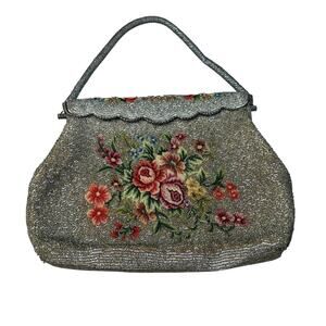 Vintage Silver Beaded Floral Evening Bag Petit Point 1950s Purse Hand Bag